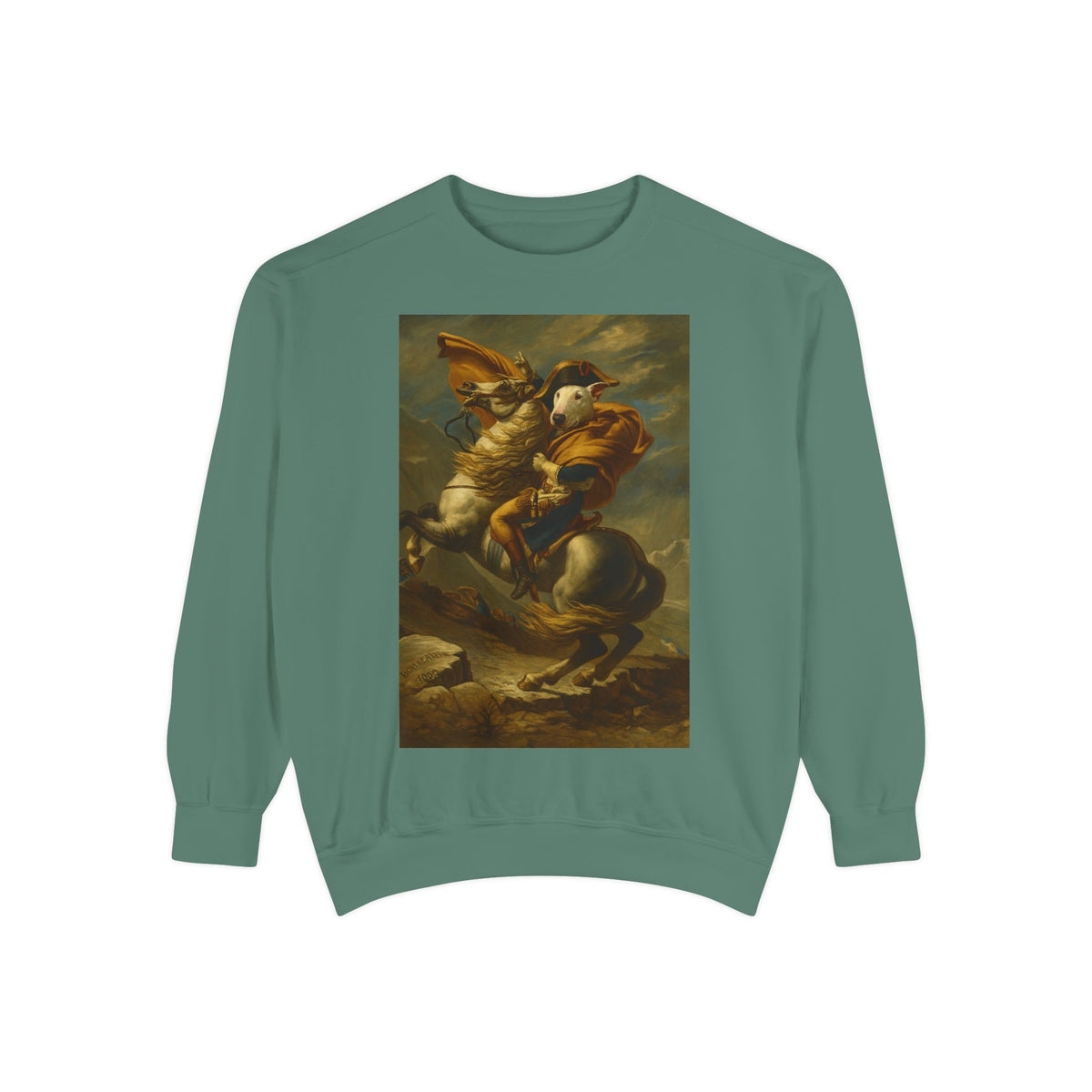 Bull Terrier Napoleon Crossing the Alps — after Jacques-Louis David, 1801 | Crewneck
