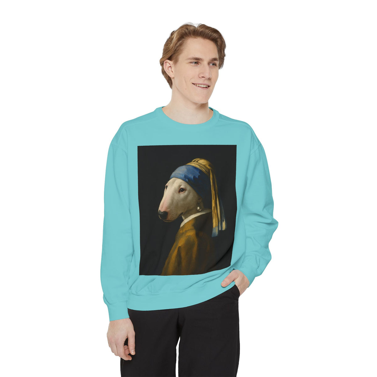 Bull Terrier Girl with a Pearl Earring — after Johannes Vermeer, c.1665 | Crewneck