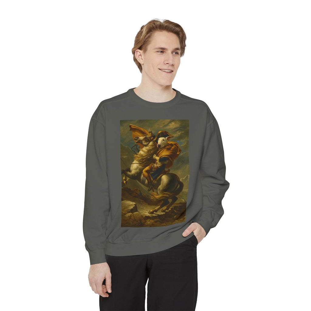 Bull Terrier Napoleon Crossing the Alps — after Jacques-Louis David, 1801 | Crewneck