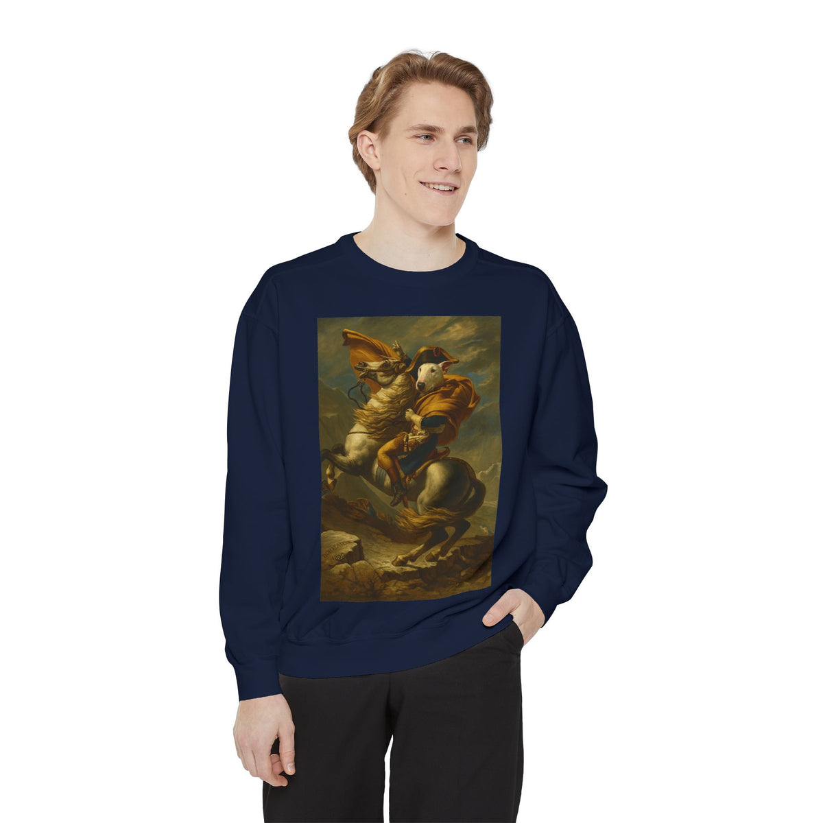 Bull Terrier Napoleon Crossing the Alps — after Jacques-Louis David, 1801 | Crewneck