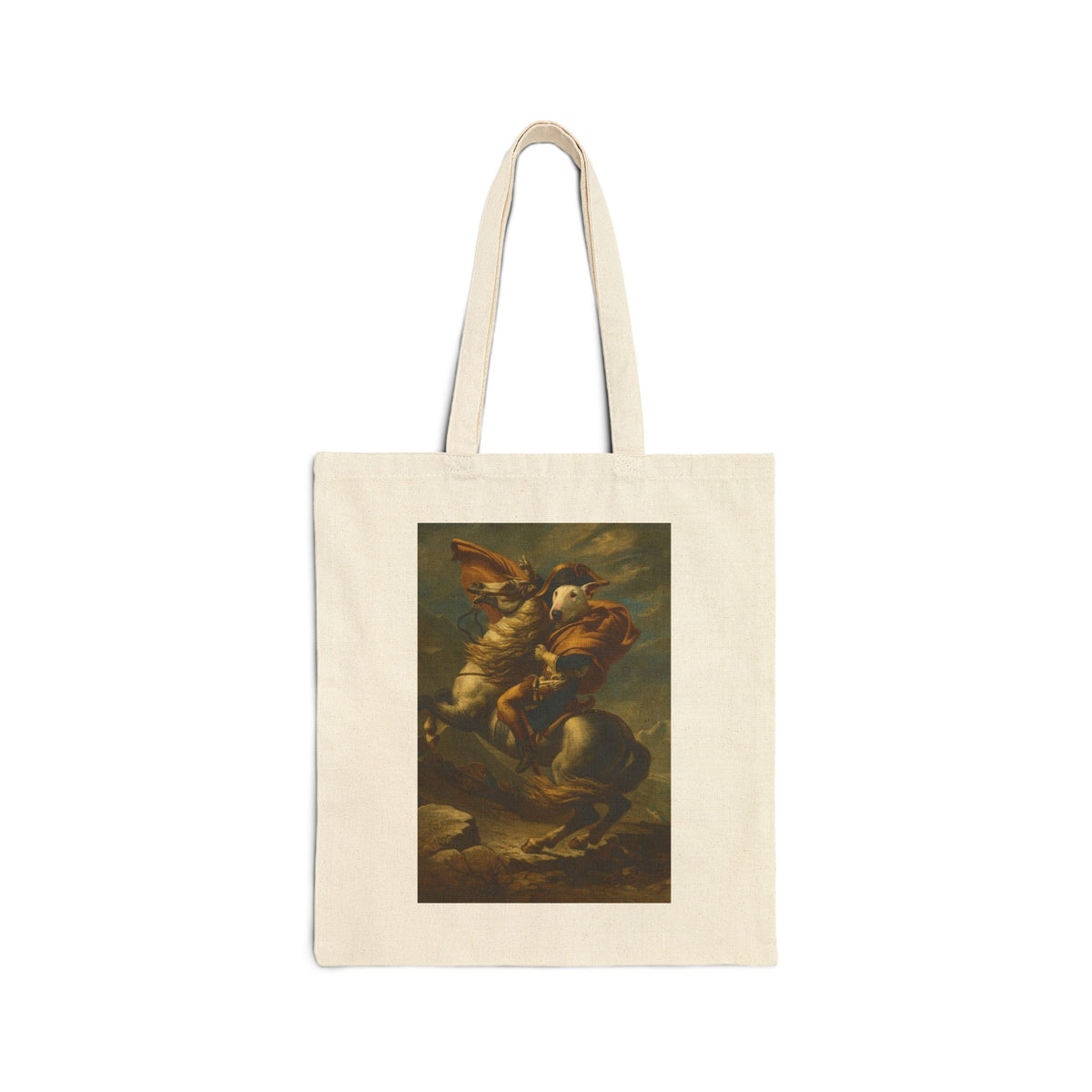 Bull Terrier Napoleon Crossing the Alps — after Jacques-Louis David, 1801 | Canvas Tote