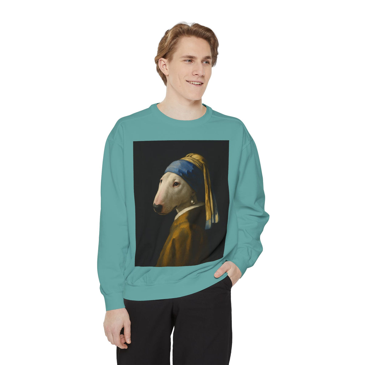 Bull Terrier Girl with a Pearl Earring — after Johannes Vermeer, c.1665 | Crewneck