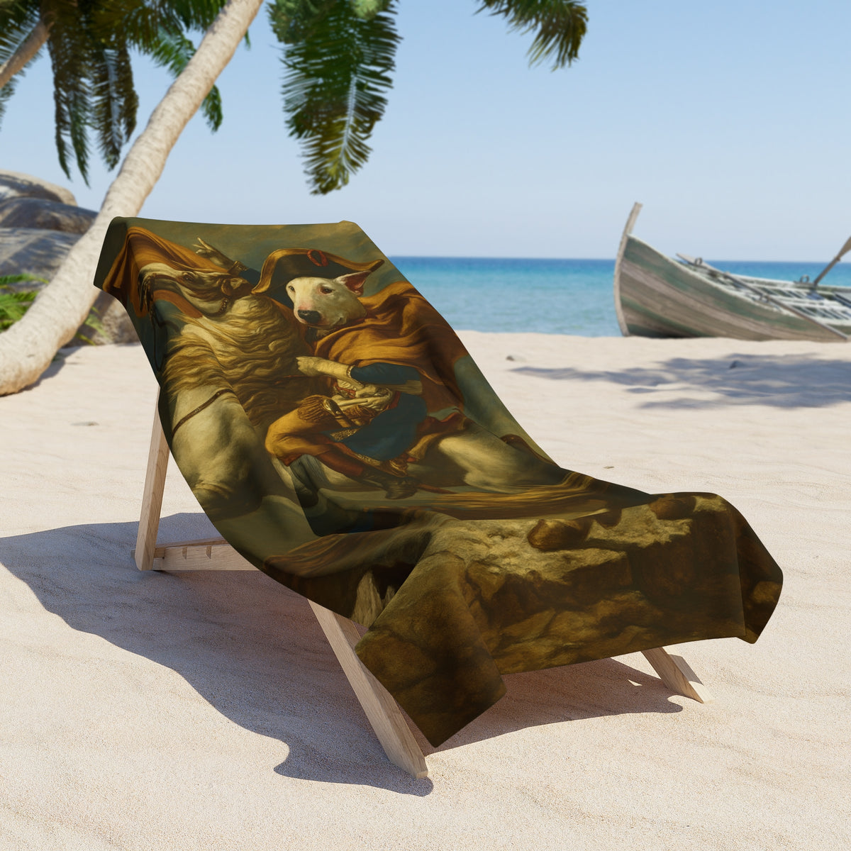 Bull Terrier Napoleon Crossing the Alps — after Jacques-Louis David, 1801 | Beach Towel