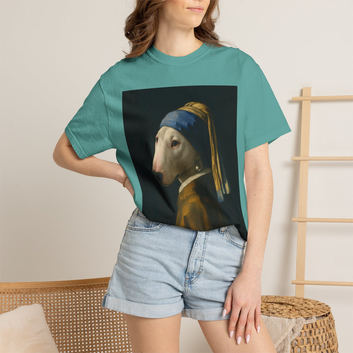 Bull Terrier Girl with a Pearl Earring — after Johannes Vermeer, c.1665 | Garment-Dyed Tee