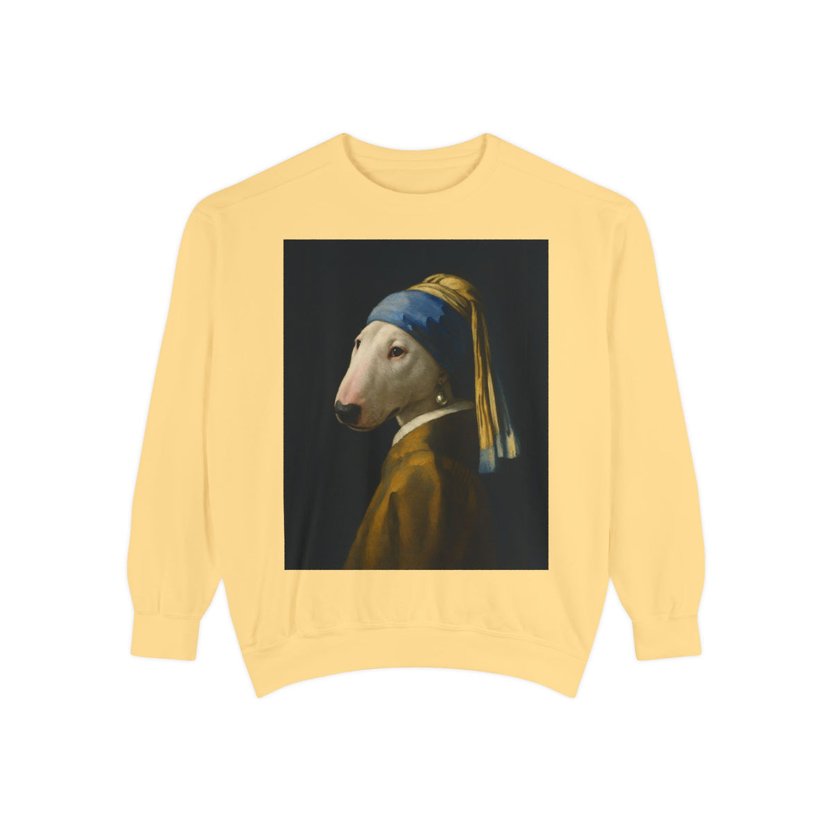 Bull Terrier Girl with a Pearl Earring — after Johannes Vermeer, c.1665 | Crewneck