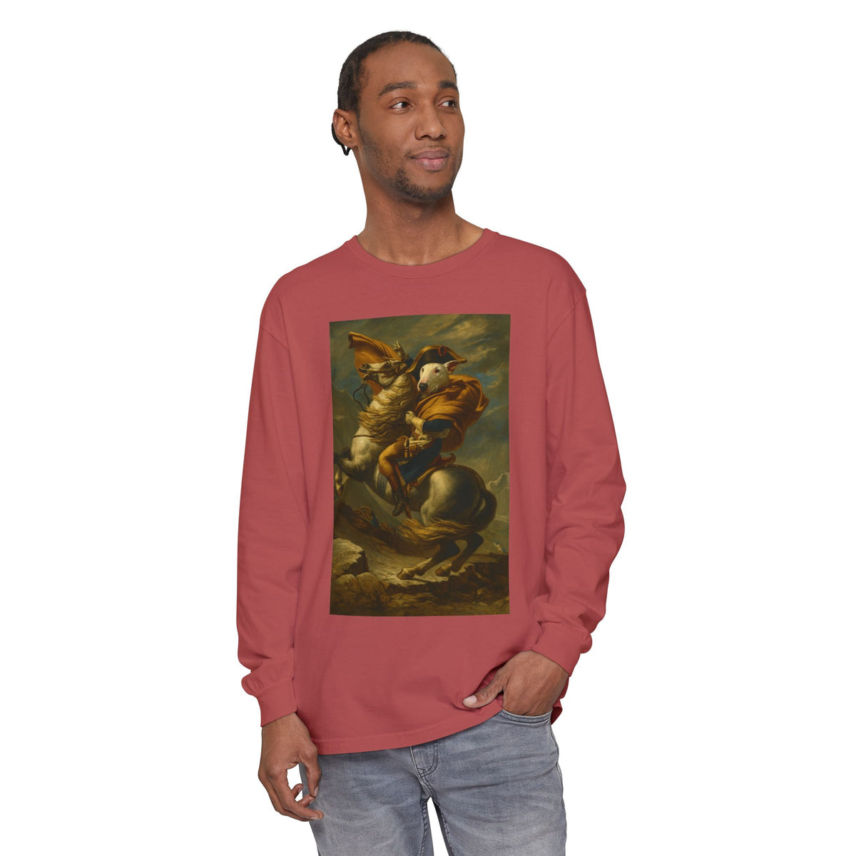 Bull Terrier Napoleon Crossing the Alps — after Jacques-Louis David, 1801 | Long Sleeve